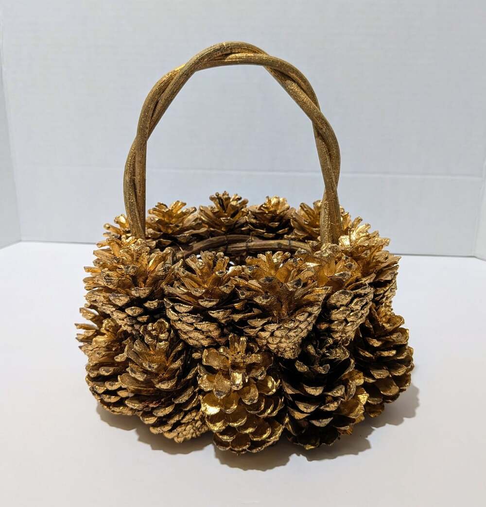 Vintage Handcrafted Gold Painted Pinecone Basket Rustic Woodland Holiday Decor
